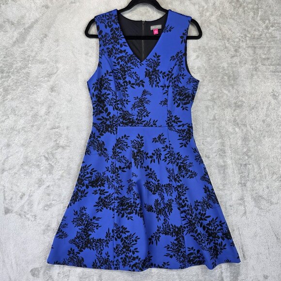 Vince Camuto Dress Womens Small Blue Black Sleeveless Floral Fit Flare Stretch - Picture 1 of 10